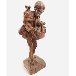 Vintage Carved Wood Folk Art Traveler Barefoot Bags Farmer Beggar Bearded Man Br